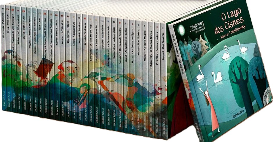 Box contendo volumes com ilustrações clássicas da Coleção Folha Concertos e Óperas para Crianças, da Folha de S.Paulo. Exemplo de projeto de edição e revisão de coleções literárias e musicais infantis.