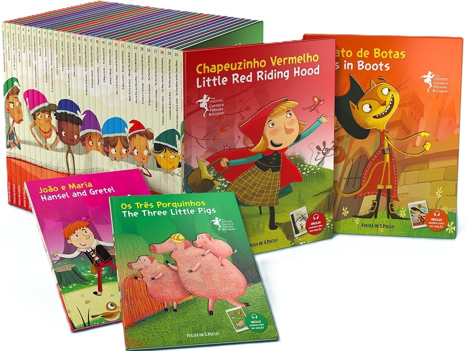 Box com livros infantis organizados lado a lado, com destaque para a capa de Chapeuzinho Vermelho e Os Três Porquinhos da Coleção Folha Contos e Fábulas Bilíngues, publicado pela Folha de S.Paulo. Portfólio de revisão de textos em materiais bilíngues (português e inglês).