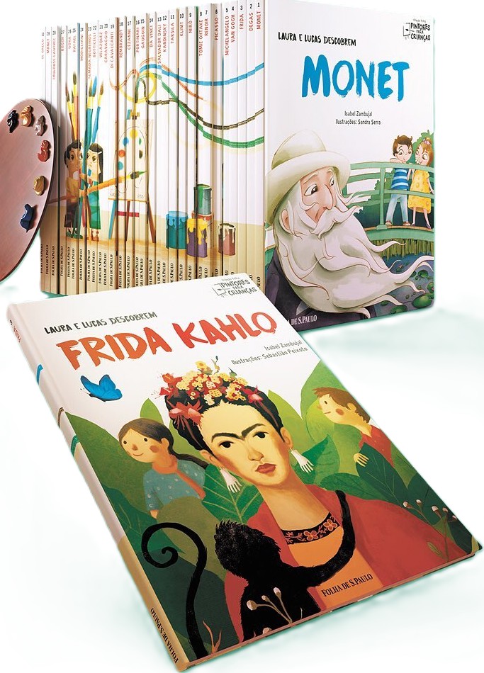 Box de livros educativos organizados com destaque para as capas sobre os pintores Frida Kahlo e Monet da Coleção Folha Pintores para Crianças, Folha de S.Paulo. Exemplo de edição de conteúdo didático e paradidático para o público infantil.