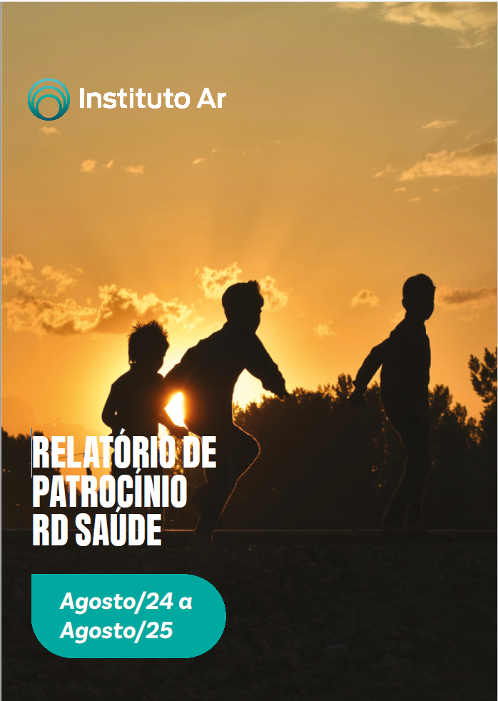Capa com fundo de pôr do sol e silhuetas de pessoas correndo do Relatório de Patrocínio RD Saúde, publicado pelo Instituto Ar e Agência+. Exemplo de projeto corporativo com serviço de edição de conteúdo e revisão técnica.