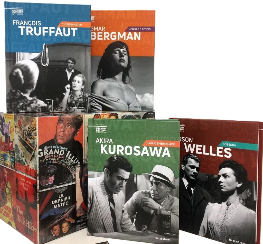 Box contendo volumes da Coleção Folha Clássicos do Cinema com imagens de filmes e diretores como Kurosawa e Welles, publicado pela Folha de S.Paulo. Portfólio de revisão de textos de grandes coleções editoriais.