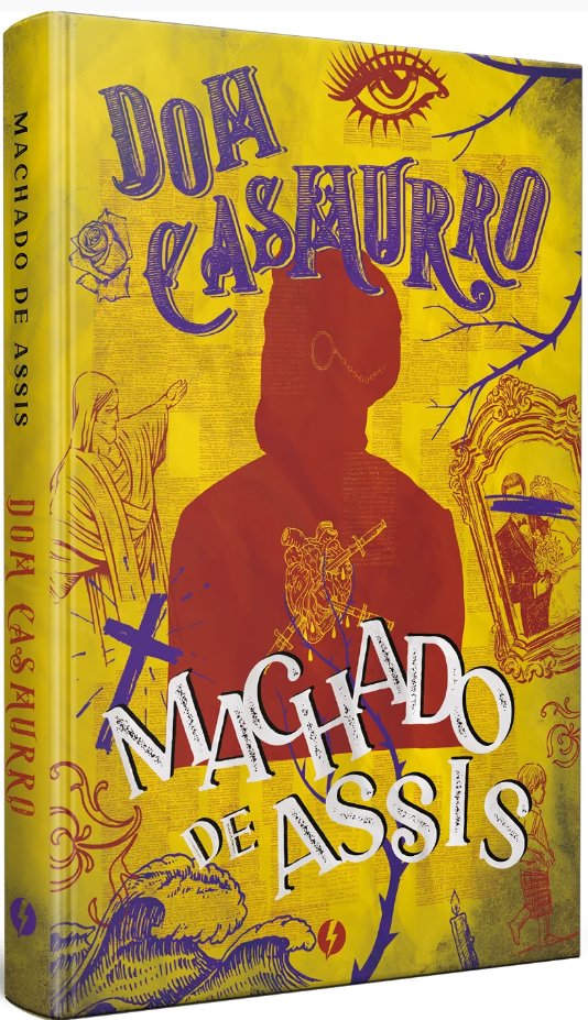 Capa em tons de amarelo e roxo do clássico Dom Casmurro, de Machado de Assis, Editora Excelsior. Trabalho profissional de revisão de livros e controle de qualidade textual.