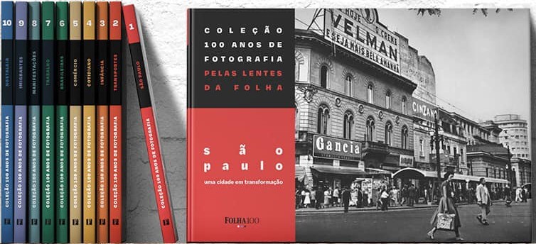 Coleção de livros alinhados com lombadas coloridas e destaque para a capa vermelha com foto histórica no livro São Paulo Antiga, publicado pela Folha de S.Paulo. Trabalho profissional de revisão editorial de obras históricas.
