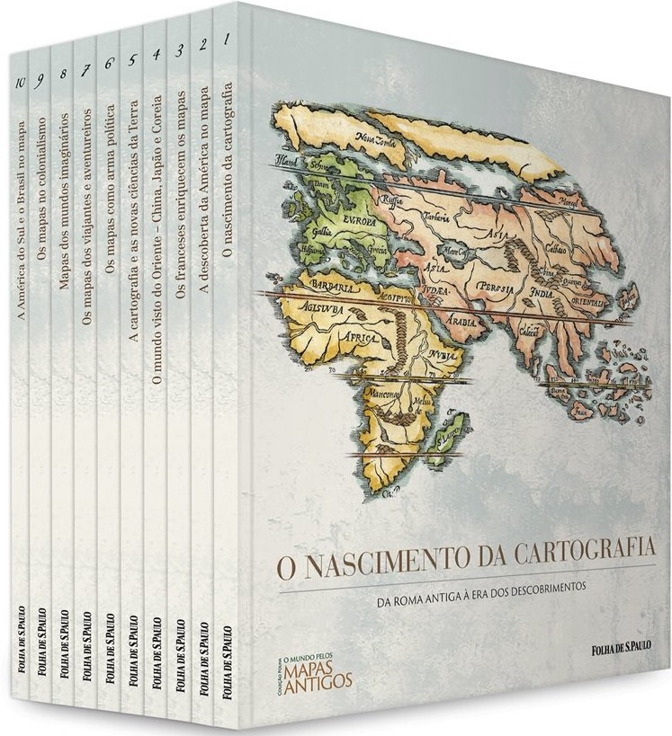 Box com a coleção completa de livros organizados lado a lado da Coleção Folha O Mundo pelos Mapas Antigos, publicado pela Folha de S.Paulo. Exemplo de projeto de revisão de texto em grande escala.