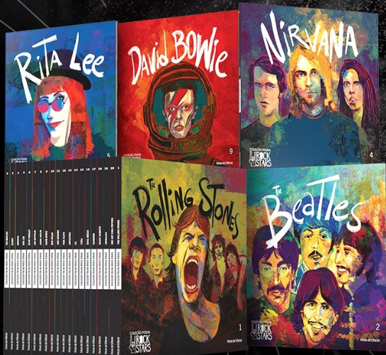 Livros ilustrados com rostos de artistas como Rita Lee, David Bowie, Nirvana, Rolling Stones e The Beatles na Coleção Folha Rock Stars, publicado pela Folha de S.Paulo. Exemplo de serviços de revisão de textos sobre cultura e música.